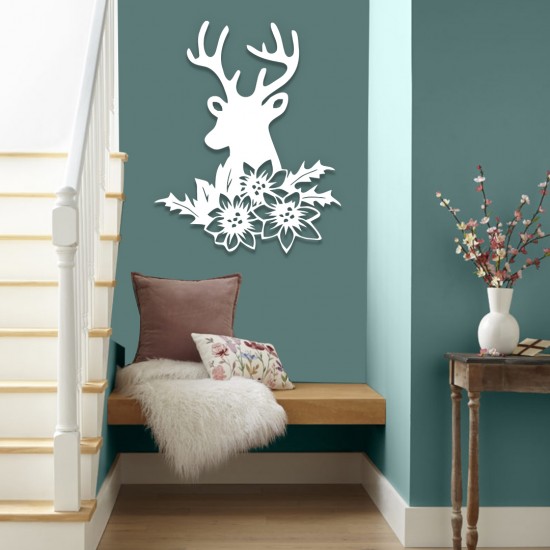 Geyik - Çiçekler Metal Tablo